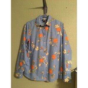 Lands End Women's Button Up  Blue Floral  No Iron Supima Size 10 Shirt